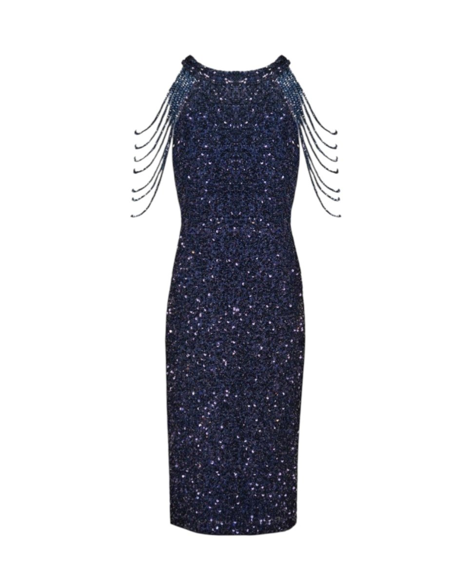 NAVY BEADED FRINGE DRESS - Nakhle.Ets - Dresses