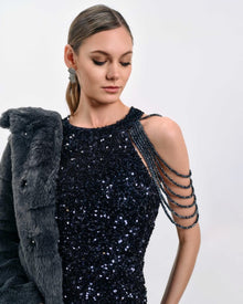 NAVY BEADED FRINGE DRESS