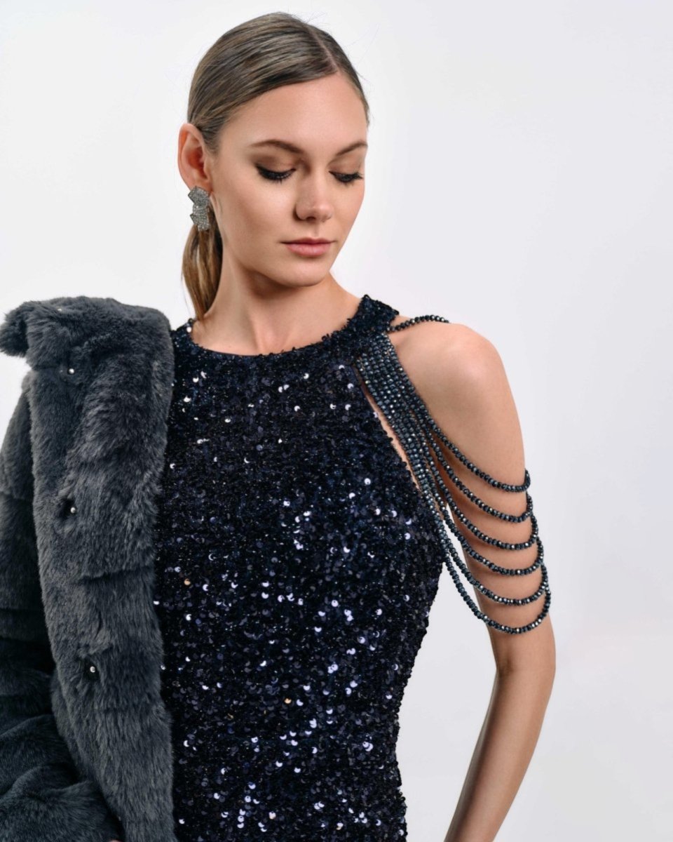 NAVY BEADED FRINGE DRESS - Nakhle.Ets - Dresses