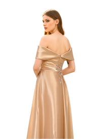 OFF-SHOULDER DRAPED SATIN GOWN