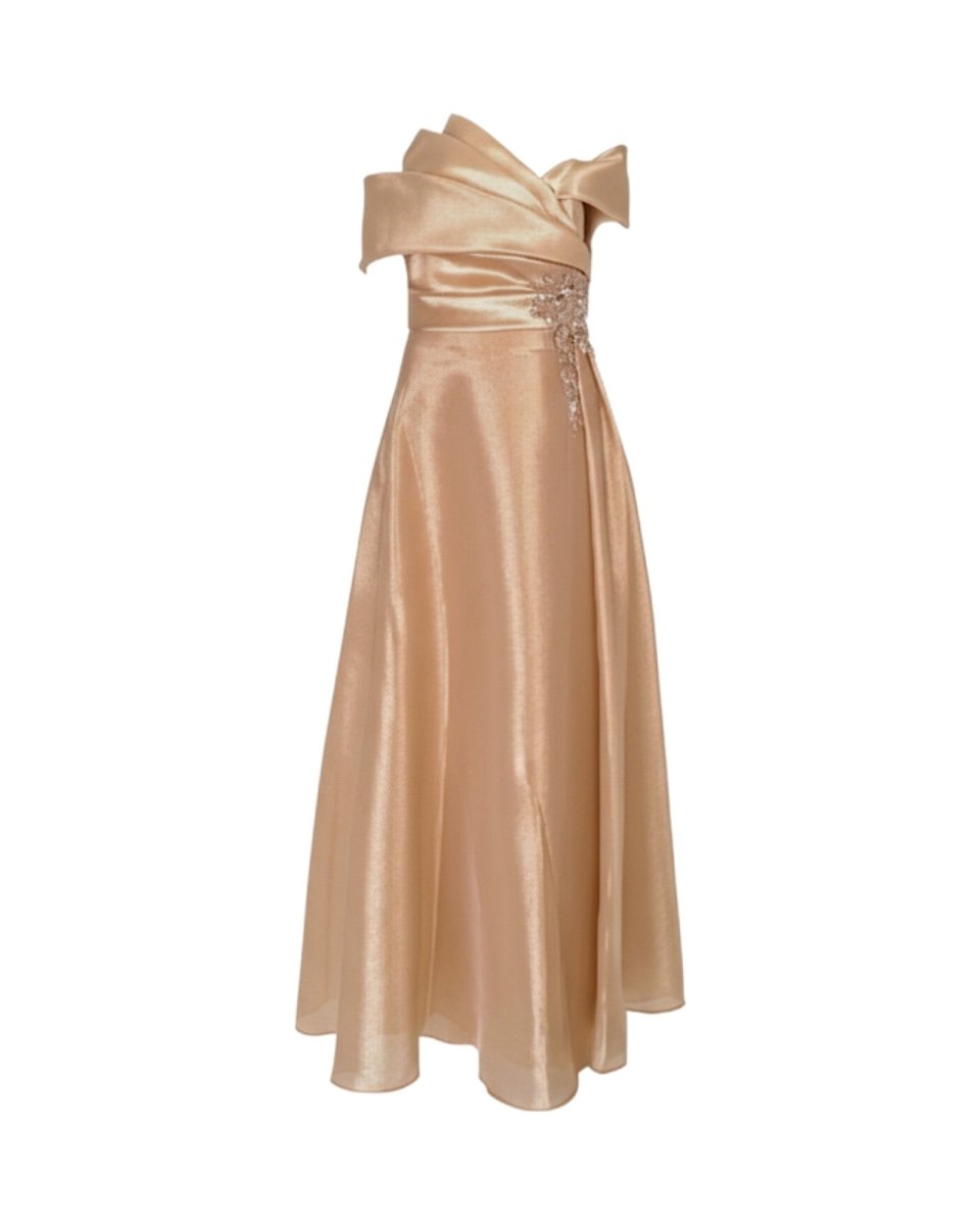 OFF-SHOULDER DRAPED SATIN GOWN
