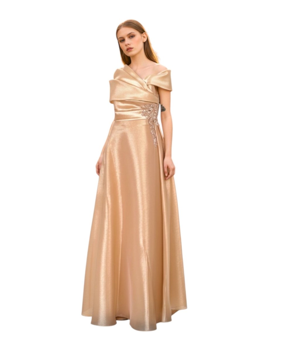 OFF - SHOULDER DRAPED SATIN GOWN - Nakhle.Ets - Dresses