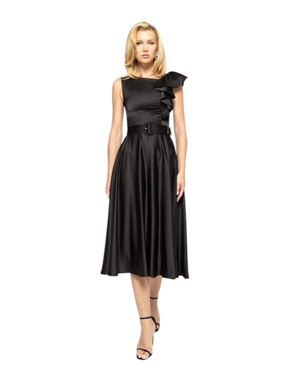 ONE-SHOULDER BELTED RUFFLE DRESS