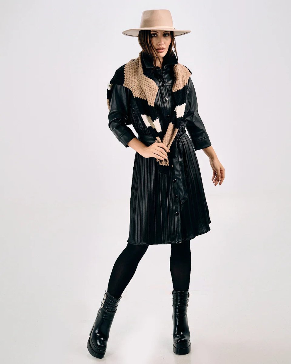 PLEATED FAUX LEATHER SHIRT DRESS - Nakhle.Ets - Dresses