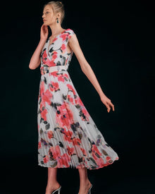 PLEATED FLORAL MAXI DRESS