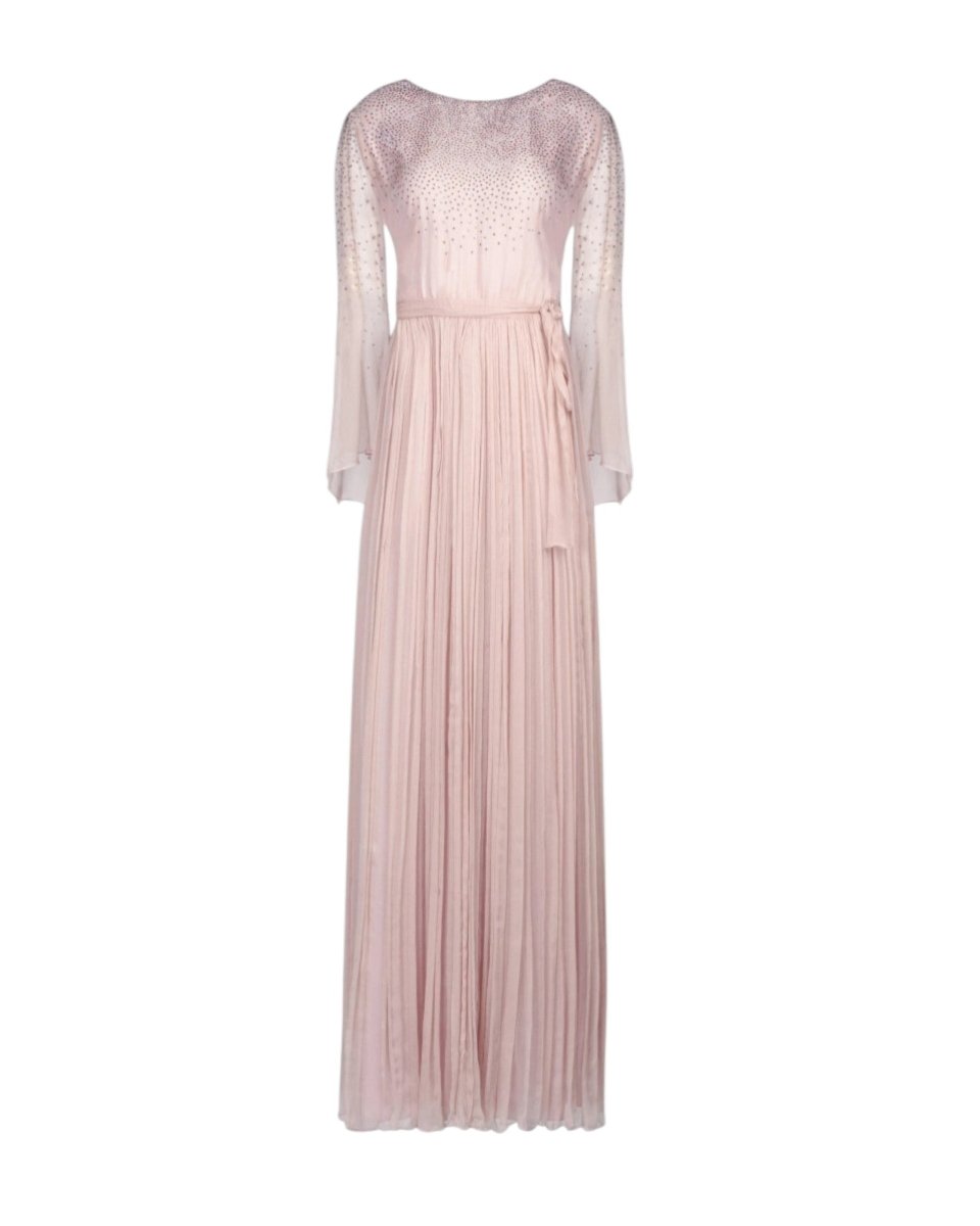 PLEATED GOWN WITH SHEER SLEEVES