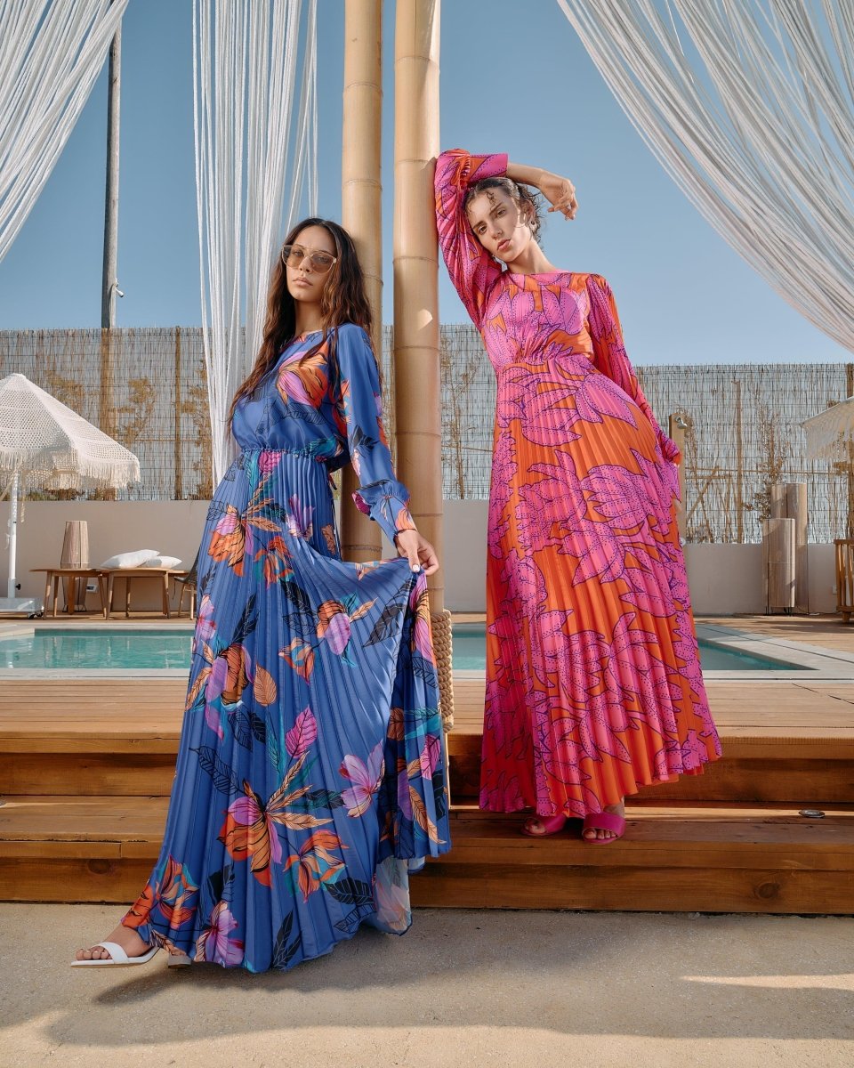 PLEATED LONG - SLEEVE TROPICAL MAXI - Nakhle.Ets - Dresses