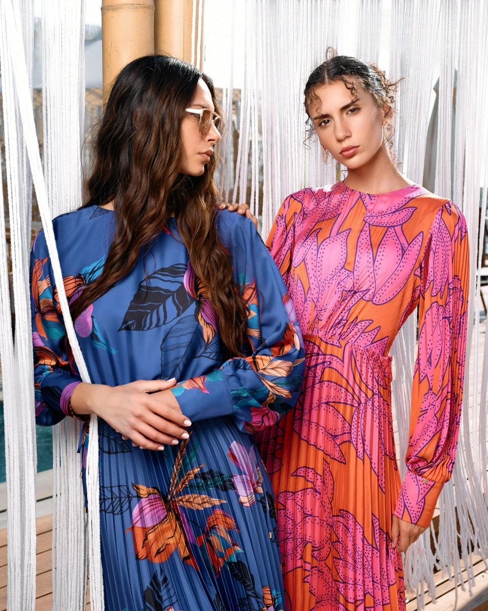PLEATED LONG - SLEEVE TROPICAL MAXI - Nakhle.Ets - Dresses