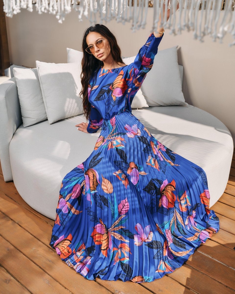 PLEATED LONG - SLEEVE TROPICAL MAXI - Nakhle.Ets - Dresses
