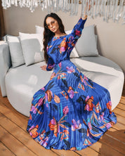 PLEATED LONG - SLEEVE TROPICAL MAXI - Nakhle.Ets - Dresses
