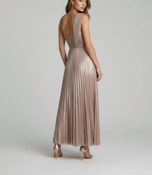 PLEATED METALLIC ONE-SHOULDER GOWN