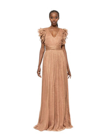 PLEATED RUFFLE-SLEEVE GOWN