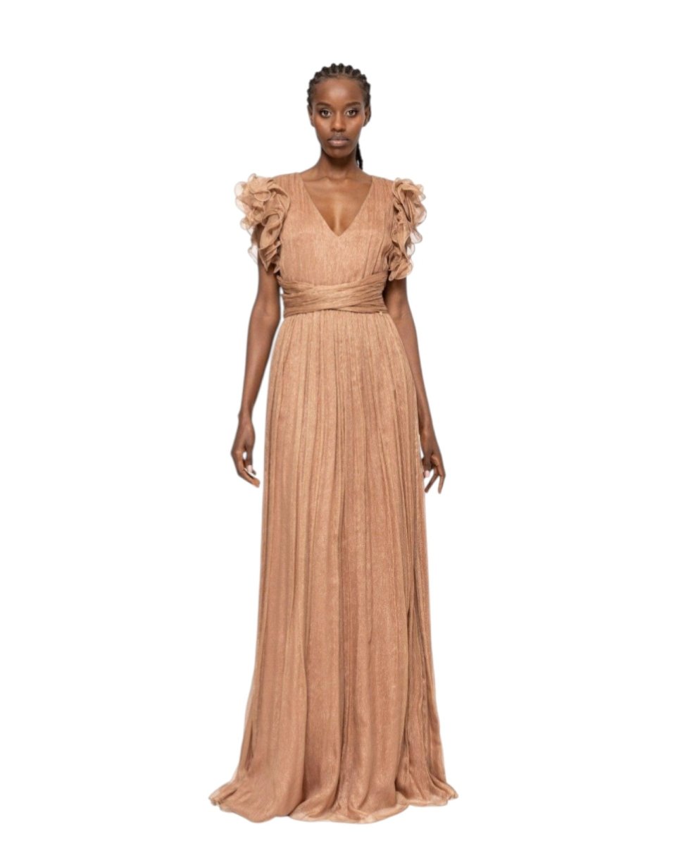 PLEATED RUFFLE-SLEEVE GOWN