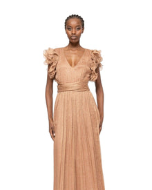 PLEATED RUFFLE-SLEEVE GOWN