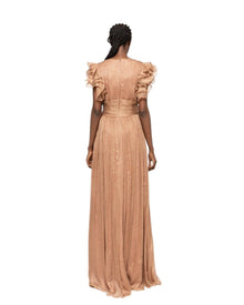 PLEATED RUFFLE-SLEEVE GOWN