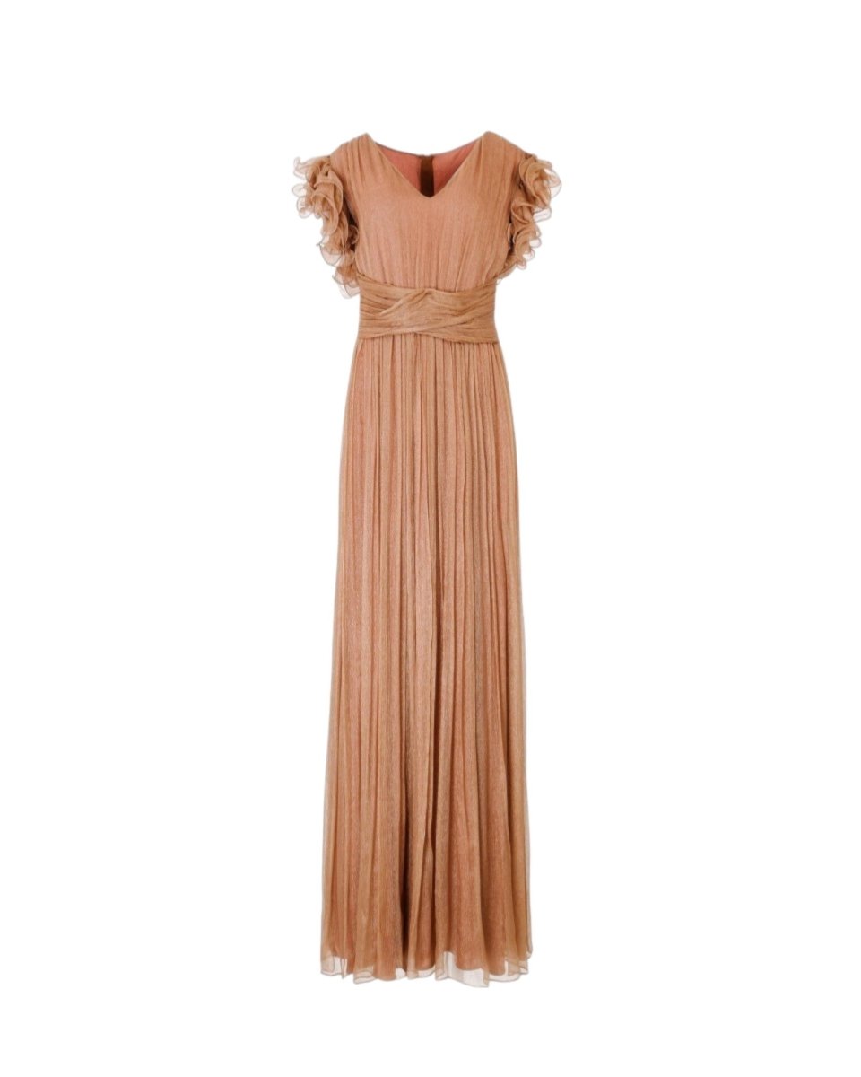 PLEATED RUFFLE-SLEEVE GOWN