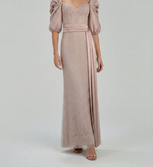 PUFF-SLEEVES EMBELLISHED EVENING GOWN