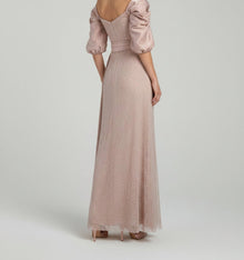 PUFF-SLEEVES EMBELLISHED EVENING GOWN