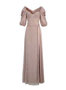 PUFF-SLEEVES EMBELLISHED EVENING GOWN
