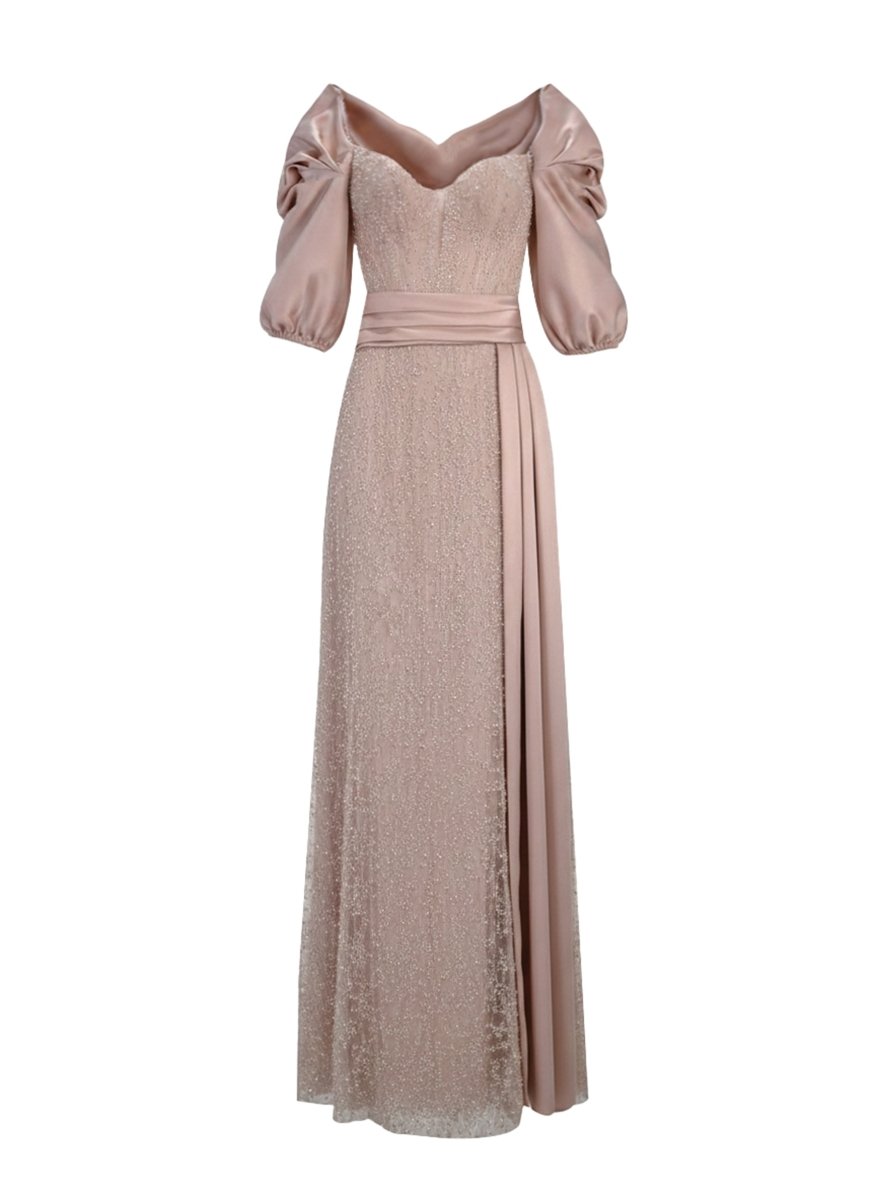 PUFF-SLEEVES EMBELLISHED EVENING GOWN