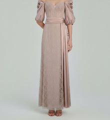 PUFF-SLEEVES EMBELLISHED EVENING GOWN
