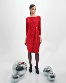 RED DRAPED RUCHED MIDI DRESS
