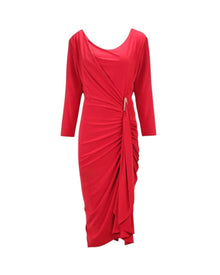 RED DRAPED RUCHED MIDI DRESS