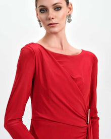 RED DRAPED RUCHED MIDI DRESS