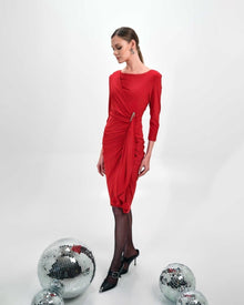 RED DRAPED RUCHED MIDI DRESS