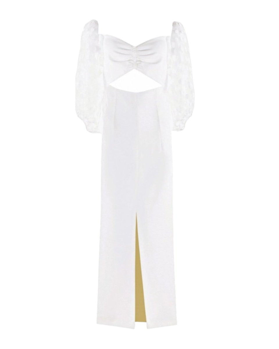 RUCHED CUTOUT PUFF-SLEEVE DRESS