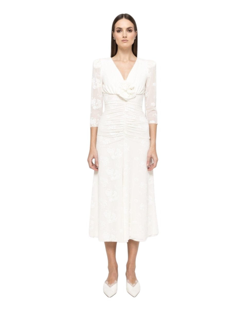 RUCHED LONG-SLEEVE EMBROIDERED DRESS