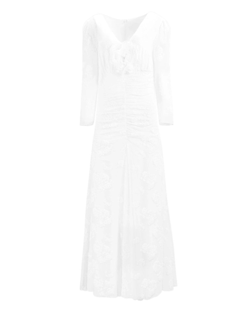 RUCHED LONG-SLEEVE EMBROIDERED DRESS
