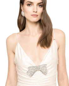 RUCHED MAXI DRESS WITH CRYSTAL BOW