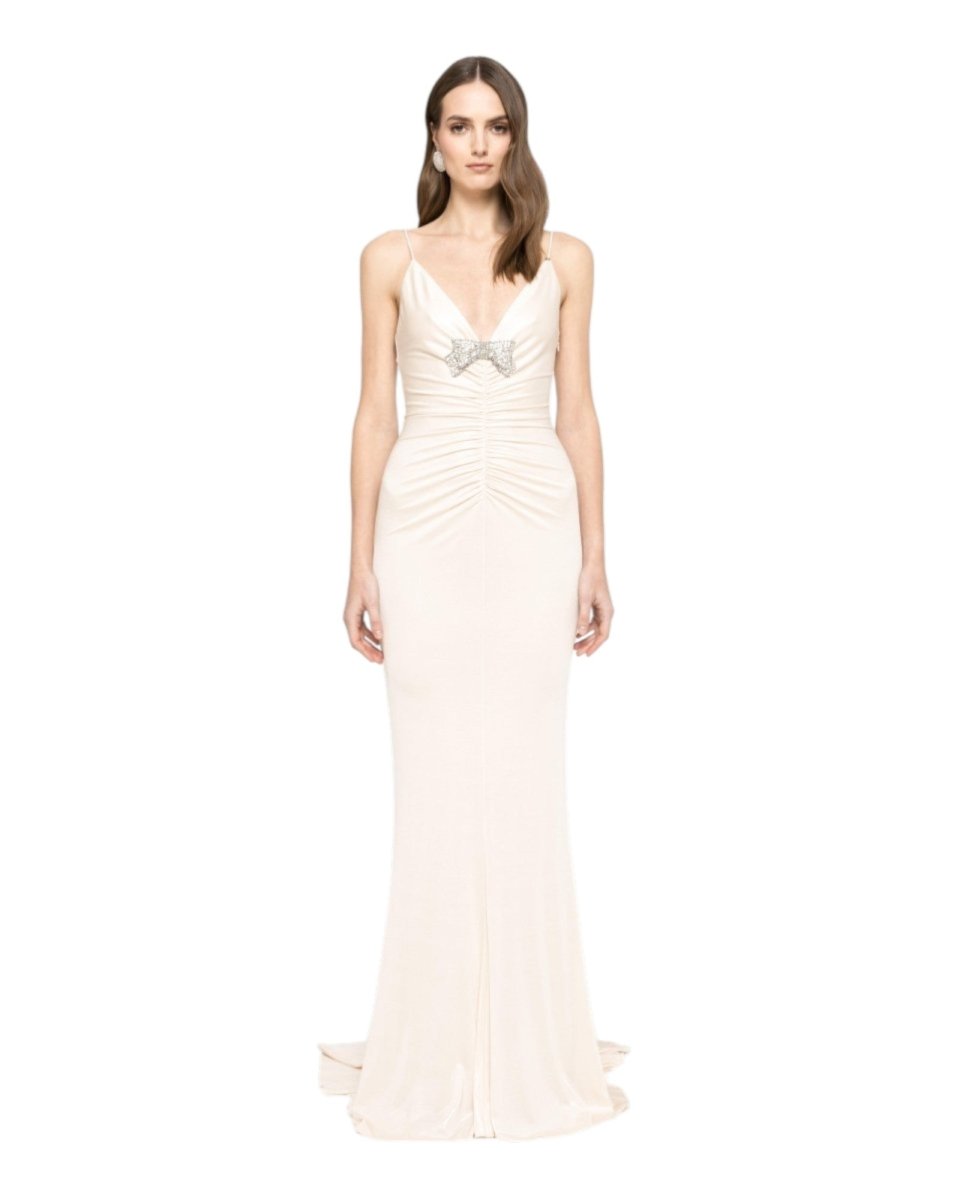 RUCHED MAXI DRESS WITH CRYSTAL BOW