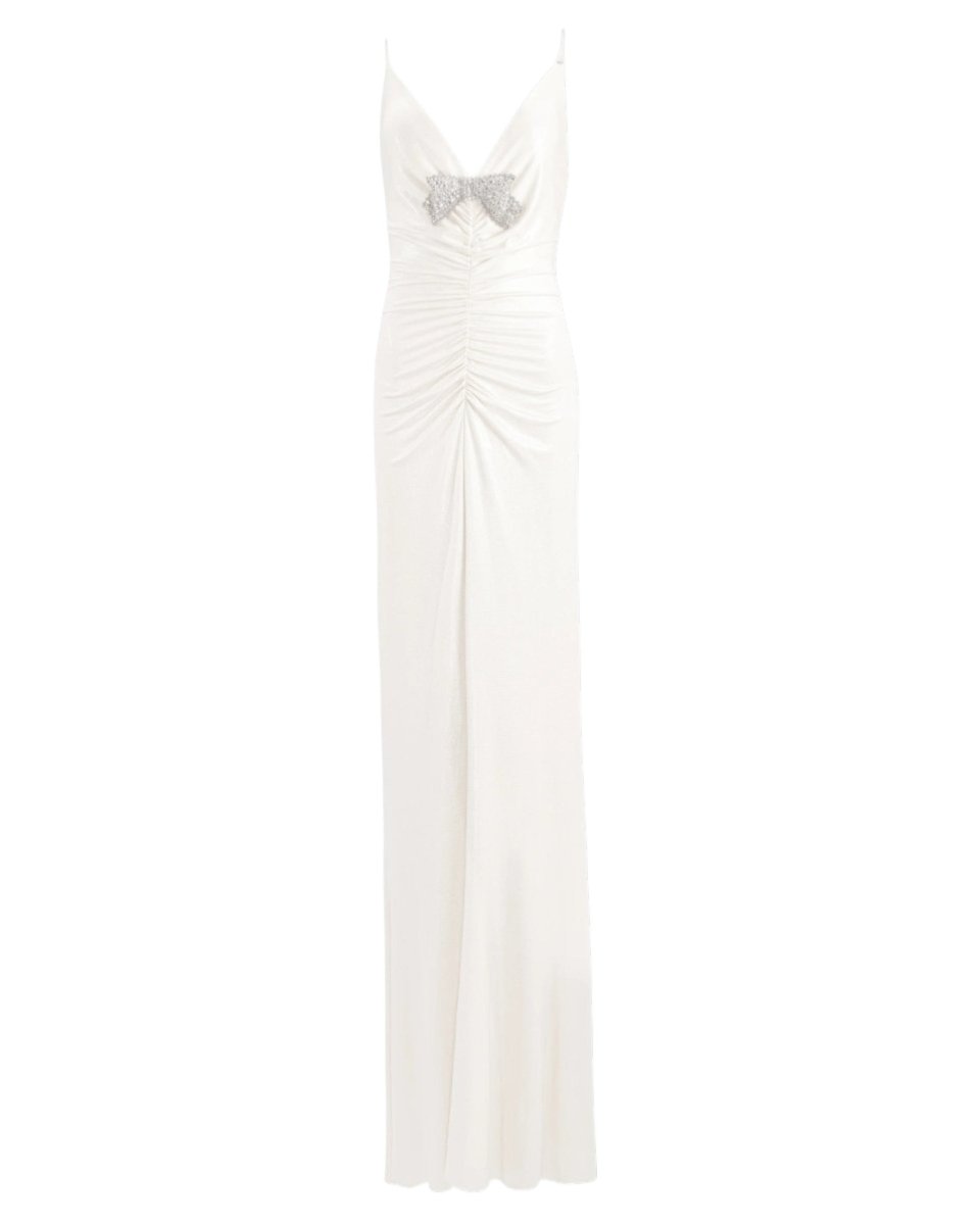 RUCHED MAXI DRESS WITH CRYSTAL BOW