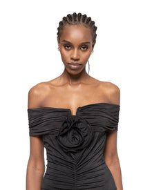 RUCHED OFF-SHOULDER EVENING GOWN