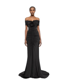 RUCHED OFF-SHOULDER EVENING GOWN