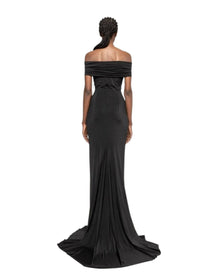 RUCHED OFF-SHOULDER EVENING GOWN