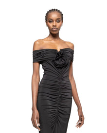 RUCHED OFF-SHOULDER EVENING GOWN