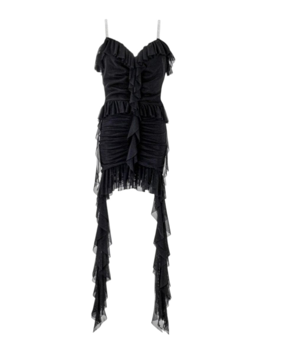 RUCHED RUFFLE MINI DRESS