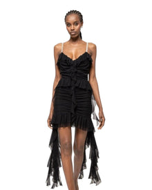 RUCHED RUFFLE MINI DRESS