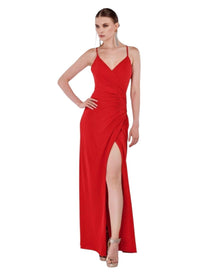 RUCHED SLIT SPAGHETTI DRESS