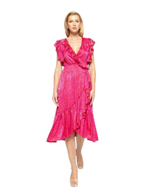 RUFFLE WRAP PRINTED MIDI DRESS