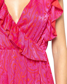 RUFFLE WRAP PRINTED MIDI DRESS
