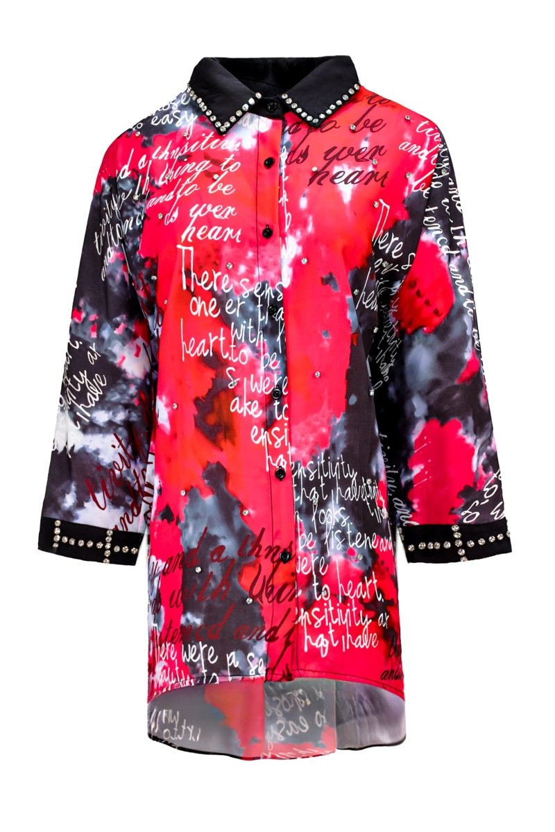 SCRIPT PRINT STUDDED COLLAR SHIRT - Nakhle.Ets - Blouse