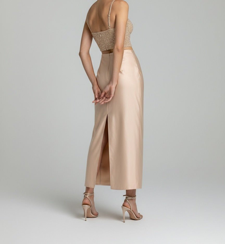SEQUIN BUSTIER SATIN MAXI SKIRT SET