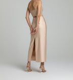 SEQUIN BUSTIER SATIN MAXI SKIRT SET
