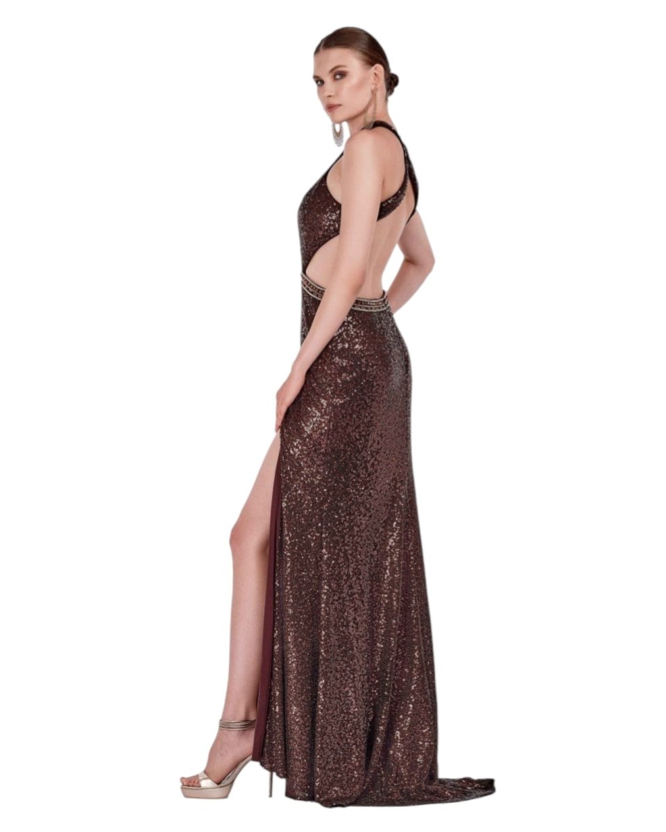 SEQUIN CUTOUT HIGH-NECK GOWN