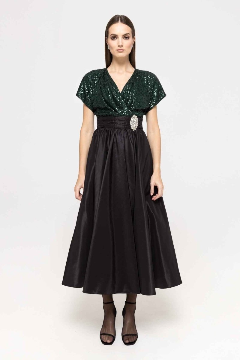 SEQUIN SATIN MIDI DRESS