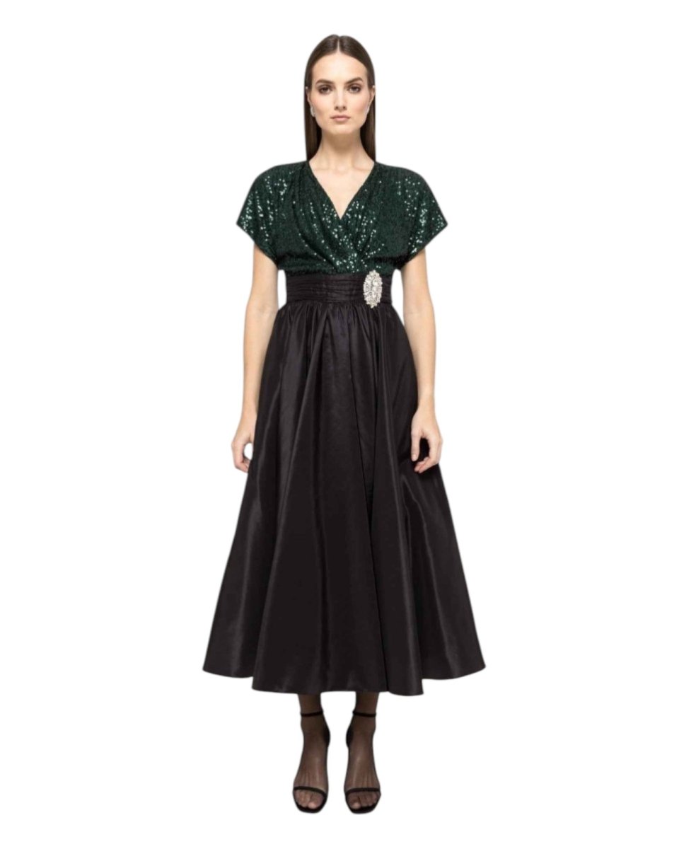 SEQUIN SATIN MIDI DRESS